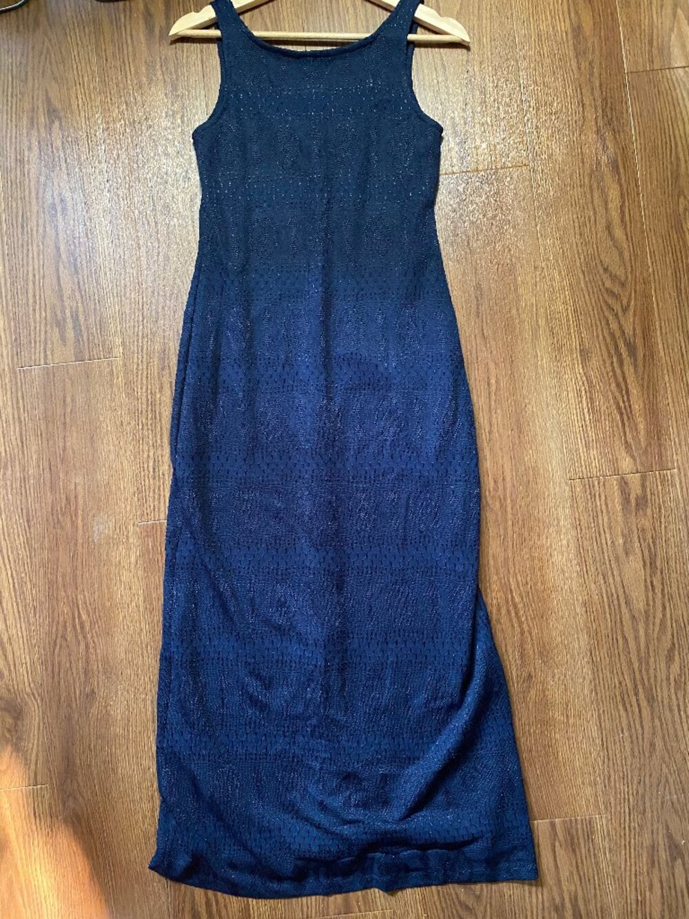 VTG Reitmans Canada shimmer knit Mesh Maxi Dress Gown Blue 4 Petite